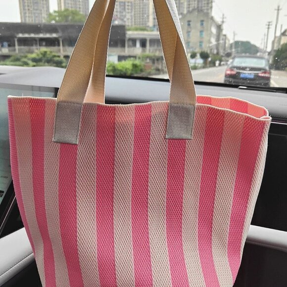 Pink Women's Fashion Striped Contrast Color Tote Bag - Picture 5 of 6